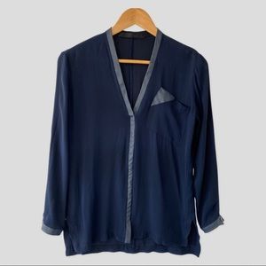 Daniela Corte Blue Leather Trim V-Neck Silk Blouse EU38 ($465)